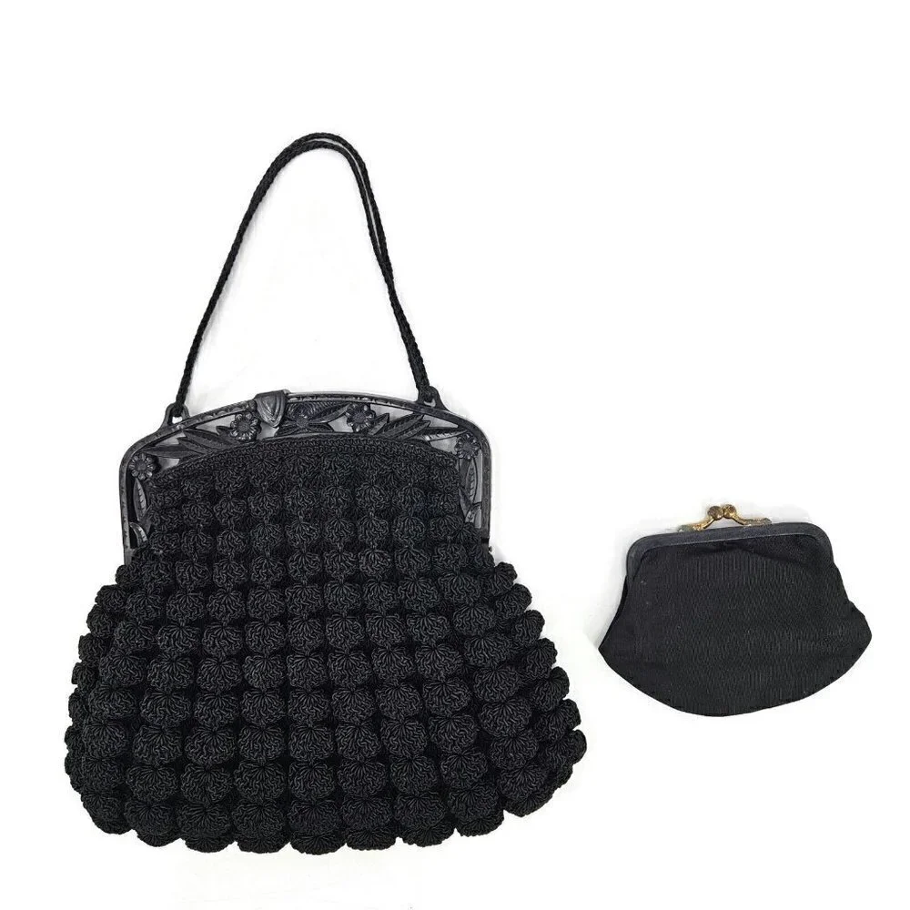 Vintage Crotchet Black Celluloid Floral Frame Handbag Purse Made in USA